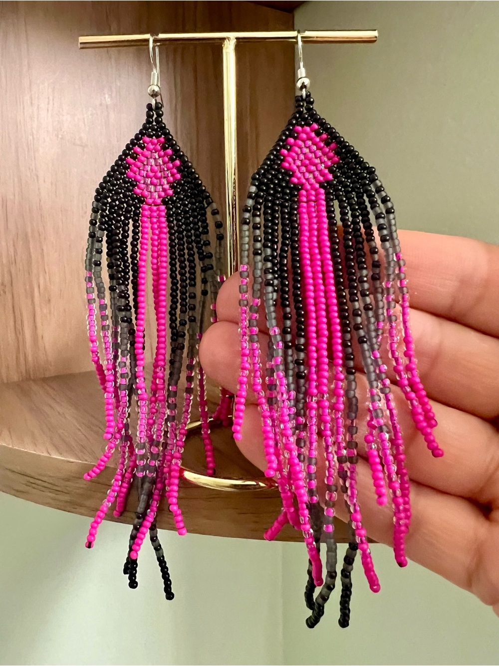 Handcrafted Hot Pink and Black Beaded Fringe Earrings